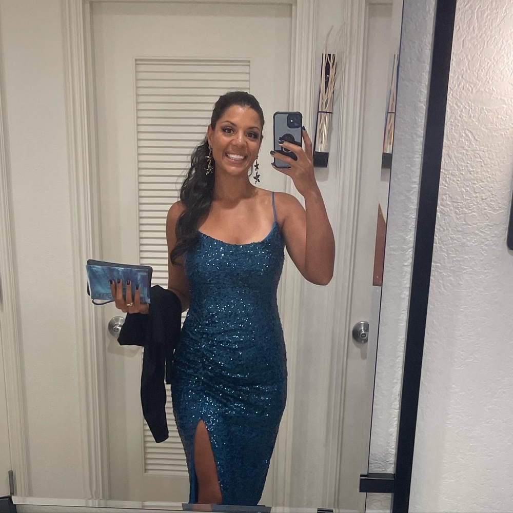 Aqua Ruched Sequined Patterned Cocktail Dress - Picture 3 of 3
